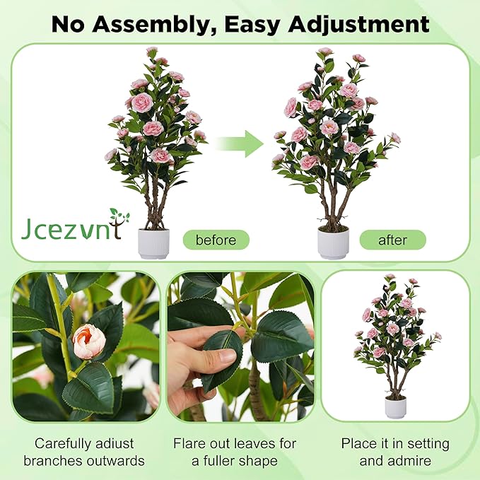 2 Pack Artificial Camellia Tree with White Pot, 38" Faux Potted Plants for Indoor Outdoor Decor, Tall Silk Greenery Plant for Home Office Living Room Balcony, Pink