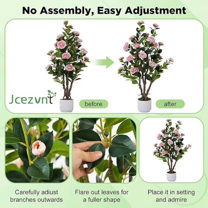 2 Pack Artificial Camellia Tree with White Pot, 38" Faux Potted Plants for Indoor Outdoor Decor, Tall Silk Greenery Plant for Home Office Living Room Balcony, Pink