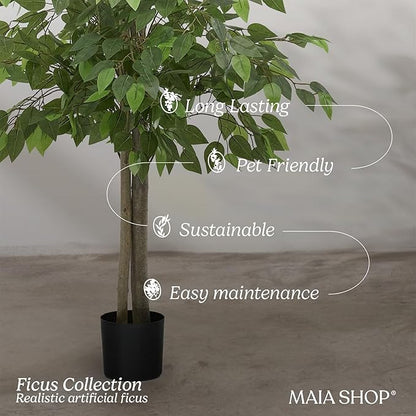 Maia Shop 5ft Artificial Ficus Tree Plant for House, Apartment or Office – Realistic Fake Indoor Plants for Living Room, Kitchen, Bedroom, Entryway or Bathroom – Faux Greenery for Home Décor