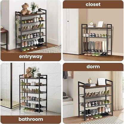 4 Tier Shoe Rack for Front Door Entrance, Shoe Rack for Entryway, Metal Shoe Organizer Heavy Duty with Wooden Top & Adjustable Mesh Shelves, Shoe Storage for Closet Bedroom Bathroom Dorm Garage