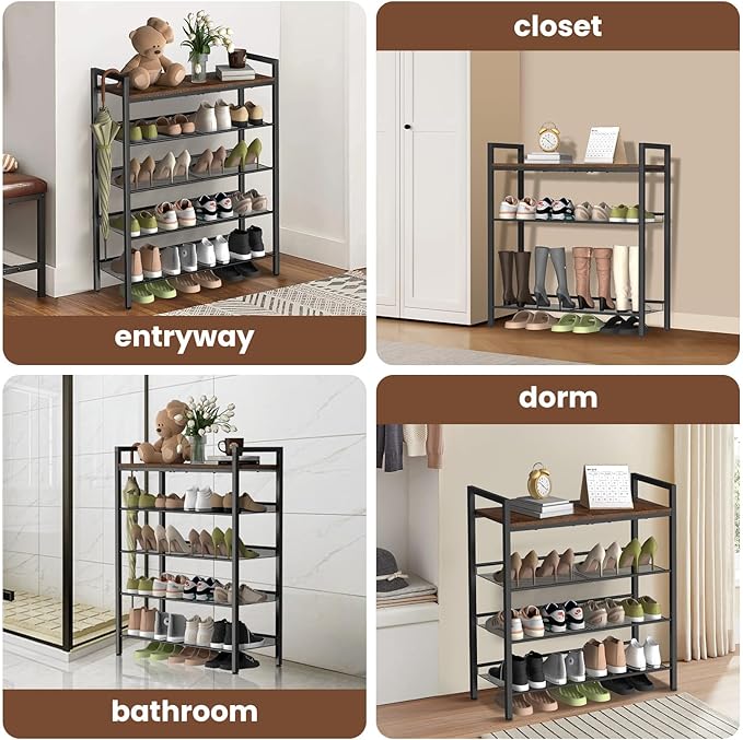 5 Tier Shoe Rack for Front Door Entrance, Shoe Rack for Entryway, Metal Shoe Organizer Heavy Duty with Wooden Top & Adjustable Mesh Shelves, Shoe Storage for Closet Bedroom Bathroom Dorm Garage