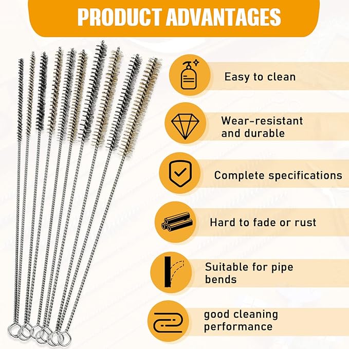 Wire Tube Brushes for Cleaning Pipe Tube Brass Stainless Steel Round Wire Brush for Auto Parts, Bottles, Tubes, 5 Sizes(20 Pieces)