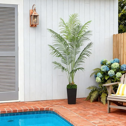 6FT Artificial Palm Tree, Tall Fake Tropical Areca Plant with Black Square Planter for Indoor Outdoor Home Decor, Realistic Faux Palm Tree for Living Room, Office, Porch, Garden