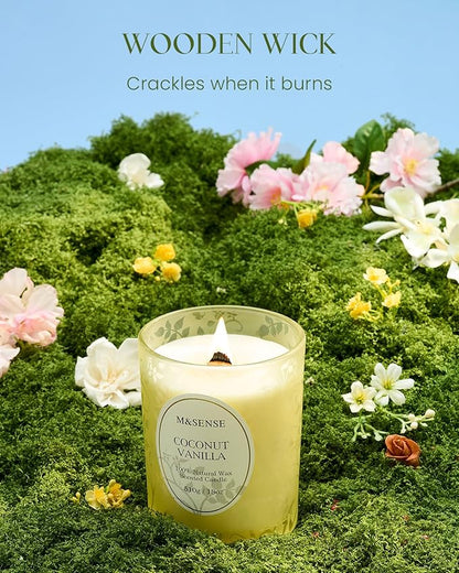 M&SENSE Coconut Vanilla Scented Candle, Cracking Wooden Wick Soy Wax, 18oz 100 Hours Long Lasting Clean Burn, Large Jar Candles for Home Decor, Non-Toxic Relaxing Aromatherapy Gifts for Women