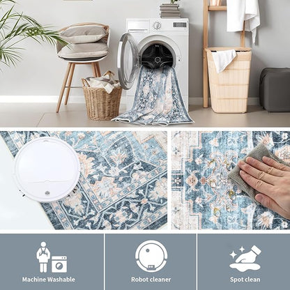 Washable 6×9 Area Rug for Living Room, Vintage Floral Rug Soft Non Slip Stain Resistant Boho Carpet for Indoor Bedroom Dinning Room Home Office Blue/Ivory