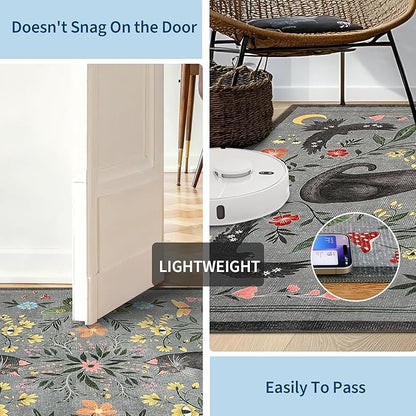 GarveeHome 4x6 Cat Washable Area Rug for Nursery Room, Mushroom Floral Grey Bedroom Rug Non Slip Low Pile Butterfly Carpet Stain Resistant Throw Rug for Dorm Kids Room Office Dining Room