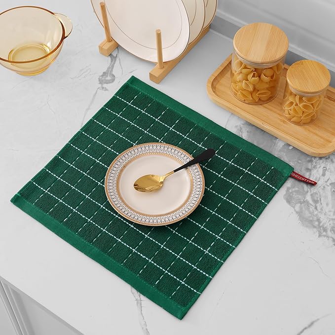 Mordimy 100% Cotton Terry Cloth Dish Cloths, Soft and Absorbent Checkered Dish Towels, Quick Drying Dish Rags for Washing Dishes, 6 Pack, 12 x 12 Inches, Dark Green