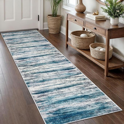 KOZYFLY Modern Abstract Runner Rug, 2x8 Kitchen Rugs Non-Slip Washable Soft Striped Hallway Runner Rugs, Print Blue Carpet Runner for Entryway Bathroom Laundry Room Foyer