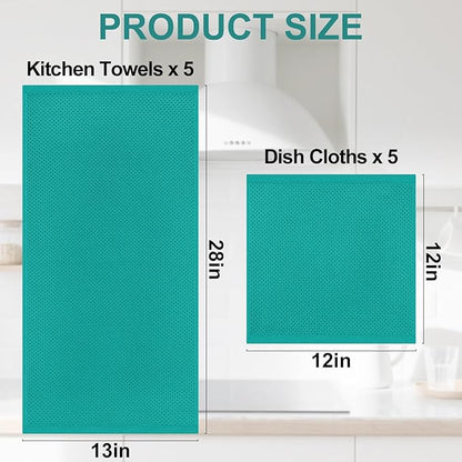 Homaxy 100% Cotton Kitchen Towels and Dishcloths Set, 12 x 12 Inches and 13 x 28 Inches, Set of 10 Bulk Kitchen Towels Set, Ultra Soft Absorbent Dish Cloths for Washing Dishes, Teal
