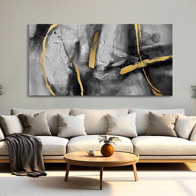 Large Black Gray Canvas Wall Art, Hand-Painted Abstract Living Room Wall Decor Dream Golden Shadow Paintings Artwork Prefer Home Bedroom Office Kitchen Dining Room Decor 29x58 In