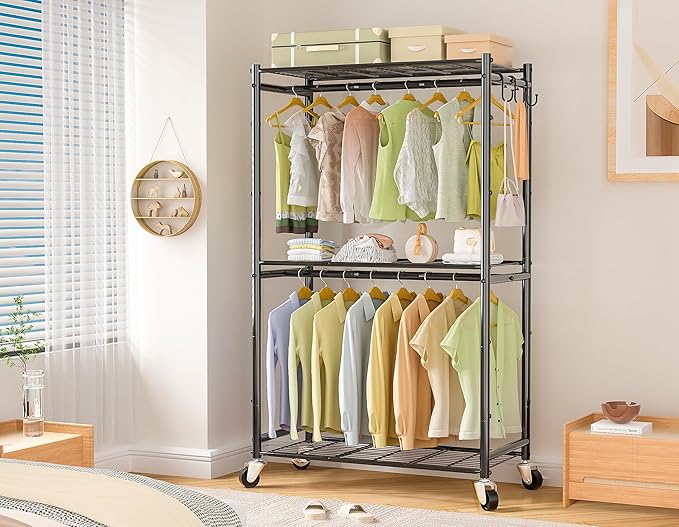 Rolling Clothes Rack for Hanging Clothes, Metal Clothing Garment Rack with Double Rods & 3 Wire Shelves, Portable Wardrobe Closet with Wheels