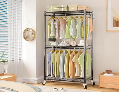 Rolling Clothes Rack for Hanging Clothes, Metal Clothing Garment Rack with Double Rods & 3 Wire Shelves, Portable Wardrobe Closet with Wheels