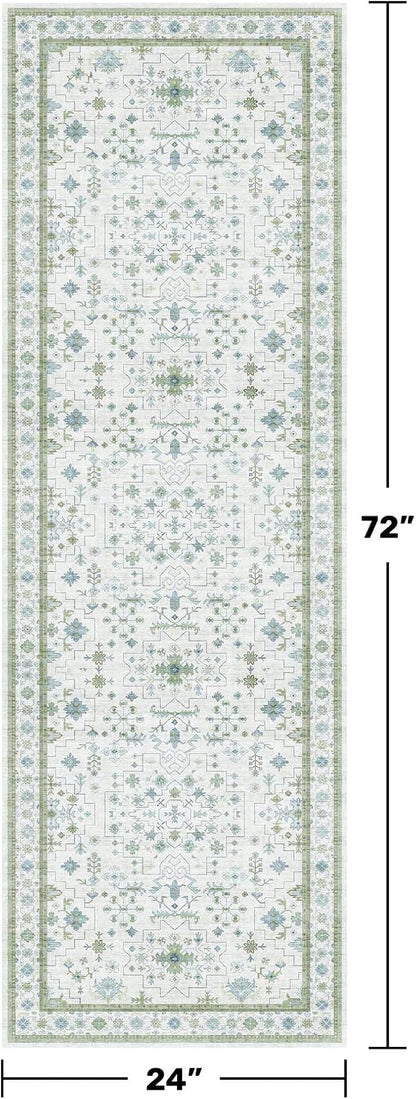 Washable Oushak 2x6 Bathroom Runner Rug, Eclectic Boho Floral Pastel, Non Slip Low Pile Stain Resistant Small Throw Rug for Bedroom, Laundry Room, Powder Room, Cream Green