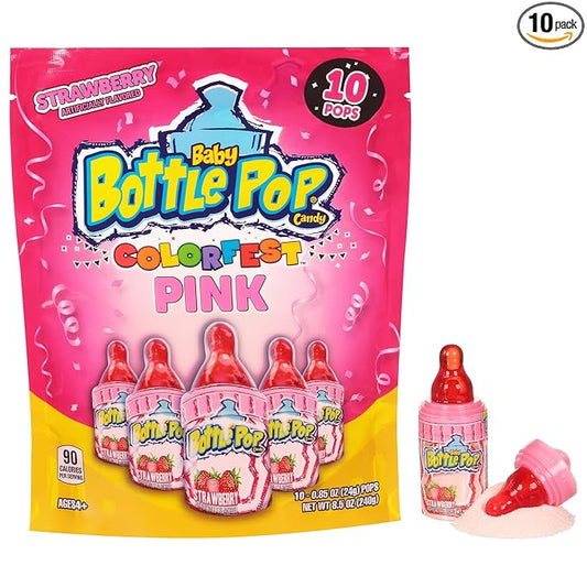 Baby Bottle Pop Valentine's Candy Pink Lollipops, 10 Ct Lollipops with Dipping Powder in Pink Strawberry Flavor, Full Size, Individually Wrapped Hard Candy For Valentine's Goodie Bags, Party Favors