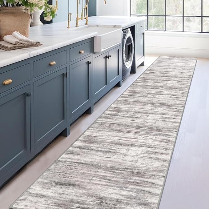 KOZYFLY Modern Abstract Washable Rug Runner 2.6x14 Hallway Rug Runner Non-Slip Soft Kitchen Runner Rugs, Grey-Beige Striped Carpet for Entryway Bathroom Laundry Room Foyer