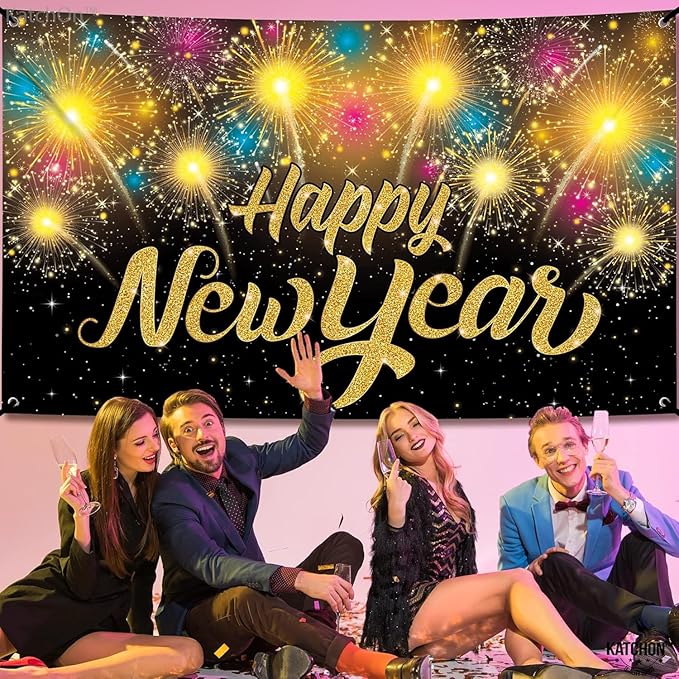 KatchOn, XtraLarge Happy New Year Banner - 72x44 Inch | Happy New Year Backdrop for New Years Decorations 2026 | NYE Eve Banner for NYE Decorations 2026 | New Years Eve Party Supplies 2026