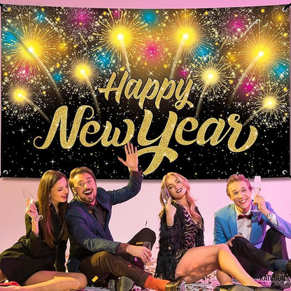 KatchOn, XtraLarge Happy New Year Banner - 72x44 Inch | Happy New Year Backdrop for New Years Decorations 2026 | NYE Eve Banner for NYE Decorations 2026 | New Years Eve Party Supplies 2026