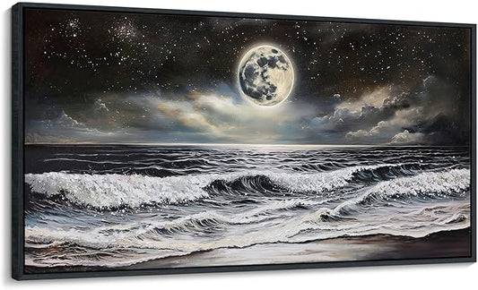 QZQCBLC Black and White Wall Art, Sea Beach Pictures Moon Starry Clouds Ocean Scene Framed Canvas Paintings Artwork for Living room Bathroom Bedroom Home Office Wall Pictures Decor 20x40 IN