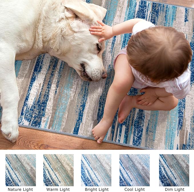 Modern Abstract Runner Rug 2.6x18, Blue Washable Long Kitchen Runner Non-Slip Soft Hallway Rug Runner Thin Print Faux Wool Carpet for Entryway Bedroom Laundry Room Indoor Home Decor