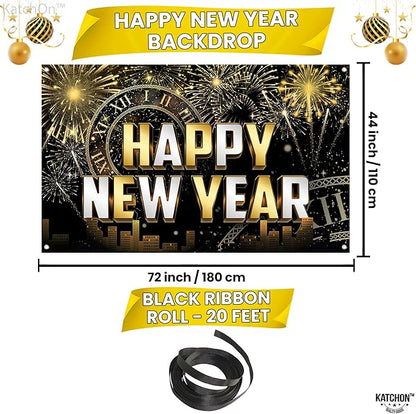 KatchOn, XtraLarge Happy New Year Banner - 72x44 Inch | New Year Backdrop 2026 | New Years Decorations 2026 | NYE Eve Banner For NYE Decorations 2026 | New Years Eve Party Supplies 2026
