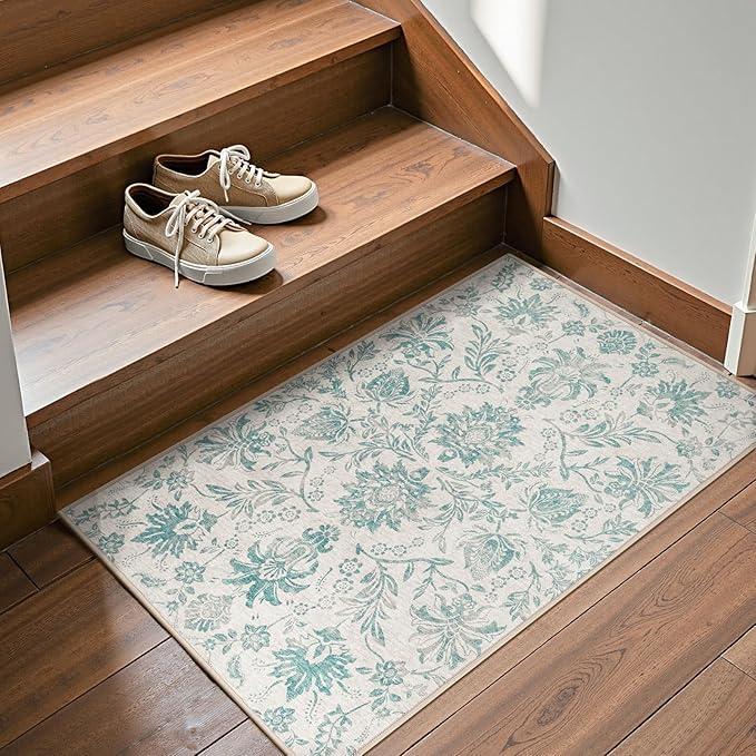 jinchan 2x3 Washable Rugs for Entryway Vintage-Inspired Floral Design Non-Slip Low-Pile Doormat Ultra-Thin Indoor Traditional Accent Carpet for Entrance Kitchen Bathroom Bedroom