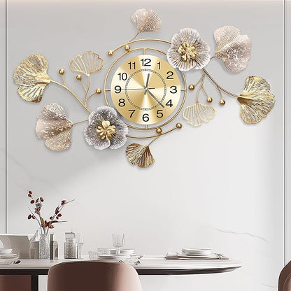 Clocks for Living Room, Large Wall Clock, 3D Silent Wall Clock, Retro Metal Ginkgo Leaf Design, for Bedroom Kitchen Decorative Wall Clocks（35''x20'' ）