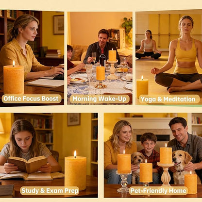 4 Pack Orange Lemongrass Sented Pillar Candles,60 H Long Burning,Natural Essential Oils,Non-Toxic,Refreshing Aromatherapy for Office Focus/Kitchen Deodorization/Living Room Ambience-2.8x4in