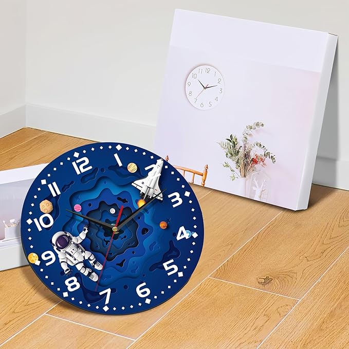 Space Travel Style Wall Clock Vintage Wooden Wall Clock Silent Non-Ticking Battery Operated Arabic Numerals Wall Clocks Decorative for Kitchen, Office, Classroom 10 Inch