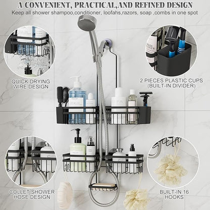 Shower Caddy Hanging for Bathroom Organizers and Storage - 3-Tier Adjustable Anti-Swing Shower Organizer for Handheld Showerhead with Heavy-Duty Suction Cups, Damage-Free Rustproof (Black)