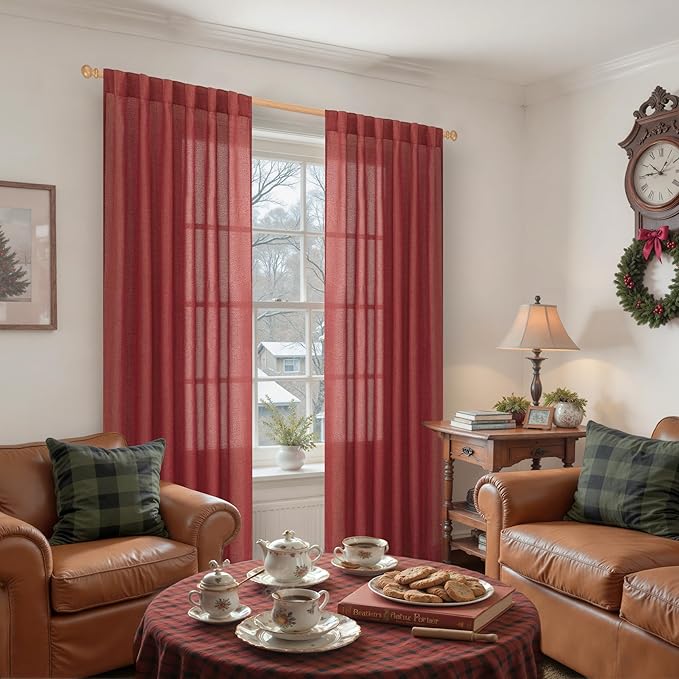 YoungsTex Burgundy Red Linen Curtains 80 Inch Length for Living Room, Light Filtering Semi Sheer Drapes with Back Tab Rod Pocket for Christmas Bedroom Dining Room, 2 Panels, 52 X 80 Inch