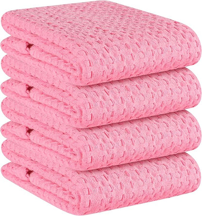 Native Fab 100% Cotton Premium Waffle Kitchen Towels, 4 Pack, 16" x 26", Super Absorbent Reusable Cleaning Cloths, Tea Towels, Machine Washable Hand Towels, Pink