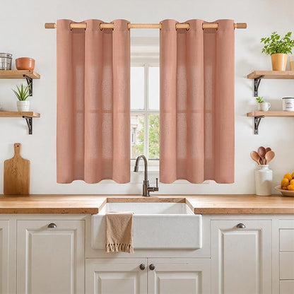 YoungsTex Terracotta Linen Curtains 45 Inch Length for Kitchen Window, Short Semi Sheer Window Drapes with Bronze Grommet Privacy Light Filtering for Living Room, 42 x 45 Inch, 2 Panels