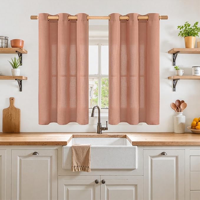 YoungsTex Terracotta Linen Curtains 48 Inch Length for Living Room Window, Light Filtering Drapes Semi Sheer with Bronze Grommet Privacy for Kitchen Bedroom Farmhouse, 42 x 48 Inch, 2 Panels