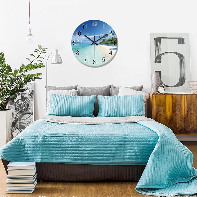 XFM Big Wall Clock Battery Operated Beach Coastal Wall Clocks 16 Inch Silent Non-Ticking Tropical Seascape Glass Wall Clock for Living Room Bedroom Kitchen Decor