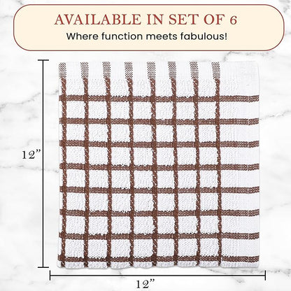 Vintage Vista 100% Cotton Dish Cloths (Pack of 6) - Dish Rags for Washing Dishes - Reusable & Highly Absorbent Kitchen Towels - Kitchen Rags for Christmas - (12" x 12" - Natural Brown Checkered)