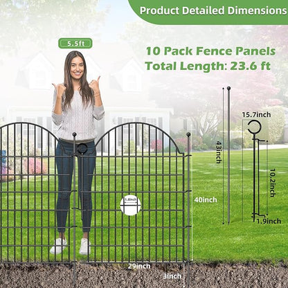 Decorative Metal Garden Fence with Gate Lock 10 Panels, 40in (H) x 23.6ft (L) No Dig Dog Fence Outdoor for Yard, Temporary Rustproof Metal Wire Rabbit Dog Garden Border Fencing for Patio