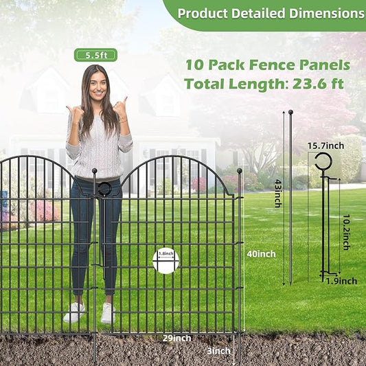 Decorative Metal Garden Fence with Gate Lock 10 Panels, 40in (H) x 23.6ft (L) No Dig Dog Fence Outdoor for Yard, Temporary Rustproof Metal Wire Rabbit Dog Garden Border Fencing for Patio