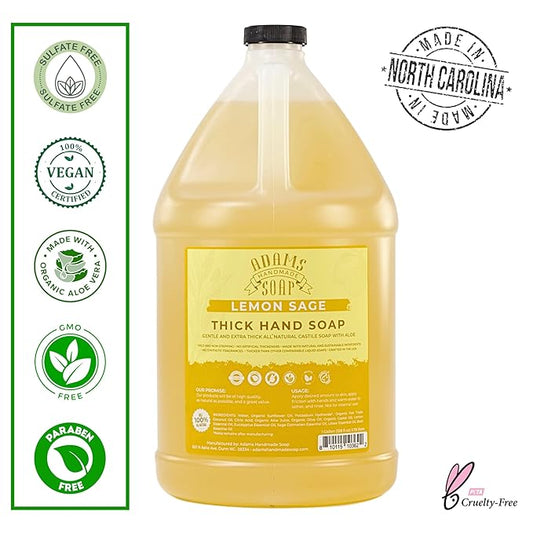 Adams Handmade Soap Thick Organic Castile Liquid Hand Soap 1 Gallon Refill - Lemon Sage (Pack of 4)