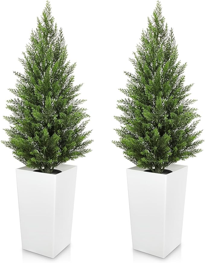 Briful Artificial Cedar Topiary Trees 4ft, Set of 2 Faux Potted Christmas Porch Trees Cypress Sbrubs, UV-Resistant Front Door Greenery in Tall White Planter for Indoor Outdoor Holiday Décor