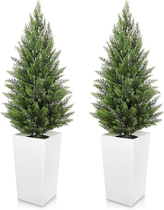 Briful Artificial Cedar Topiary Trees 4ft, Set of 2 Faux Potted Christmas Porch Trees Cypress Sbrubs, UV-Resistant Front Door Greenery in Tall White Planter for Indoor Outdoor Holiday Décor