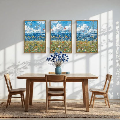 Large Modern Coastal Wildflower Framed Canvas Wall Art,Vintage Seaside Wall Decor,Abstract Flower Blue Wall Print,Nature Colorful Landscape Artwork for Living Room,Bedroom,Dining Room-16"x24"x3