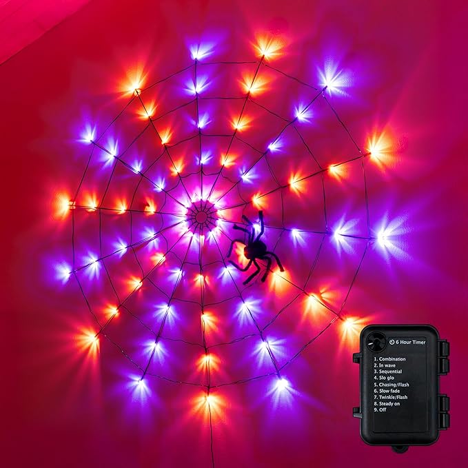 Ollny Spider Web Decoration 4FT 70 LED, Orange and Purple Halloween Lights with Black Spider Battery Powered 8 Modes Timer, Waterproof Cobweb String Light for Outdoor Indoor House Yard Party