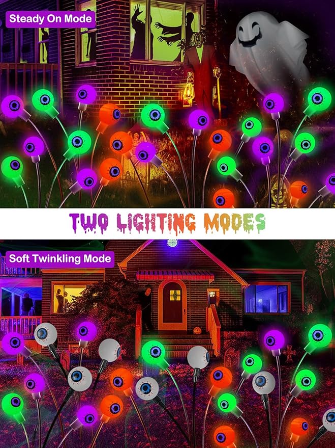 6 Pack Halloween Decorations Outdoor Solar Eyeball Lights, Purple Orange and Green Scary Eyeball Swaying Firefly Lights with 2 Modes, Waterproof Halloween Pathway Lights for Yard Garden Party Decor