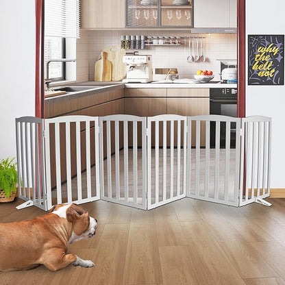 ZJSF Foldable Freestanding Indoor Dog Gate for House Wood Long Pet Gates Dog Fence for Stairs Puppy Gates for Hallways, Puppy Gate,Support Feet Included, Grey, 32 "Height-6 Panels