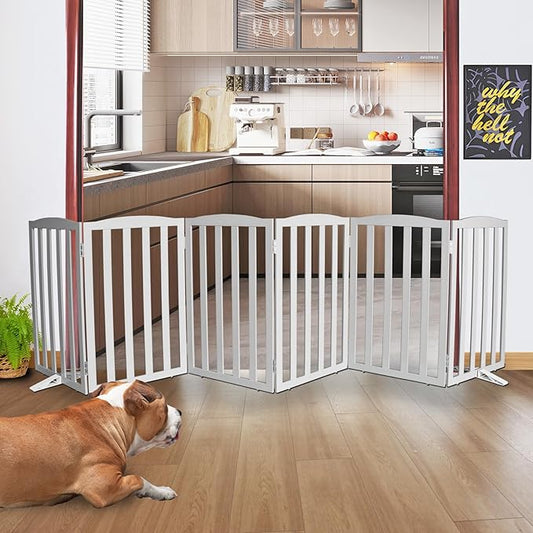ZJSF Foldable Freestanding Indoor Dog Gate for House Wood Long Pet Gates Dog Fence for Stairs Puppy Gates for Hallways, Puppy Gate,Support Feet Included, Grey, 32 "Height-6 Panels