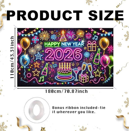 Nuxovilar Graffiti - Style Happy New Year 2026 Banner - Festive Party Decorations Backdrop with Balloons Cake, 71x43 Inch