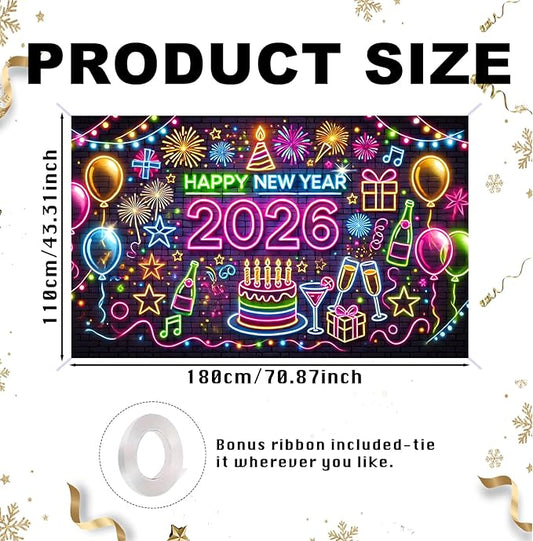 Nuxovilar Graffiti - Style Happy New Year 2026 Banner - Festive Party Decorations Backdrop with Balloons Cake, 71x43 Inch