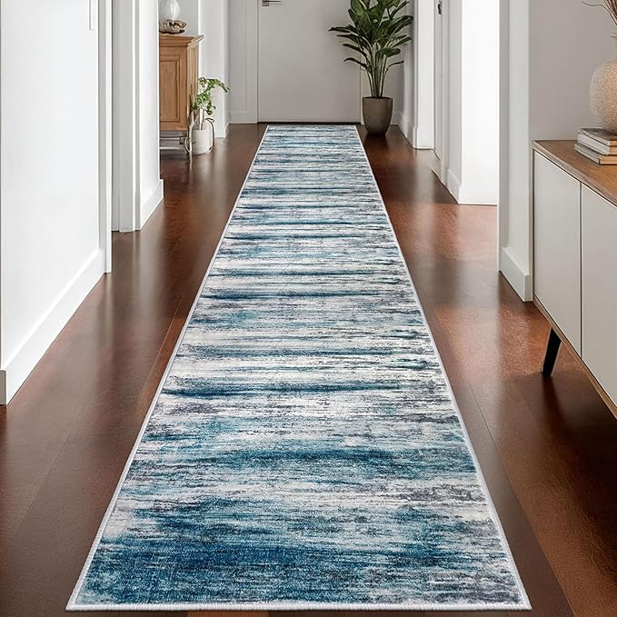 KOZYFLY Modern Abstract Hallway Runner Rug, 2.6x16 Washable Rug Runner Non-Slip Soft Striped Kitchen Runner Rugs, Print Blue Carpet Runner for Entryway Bathroom Laundry Room Foyer