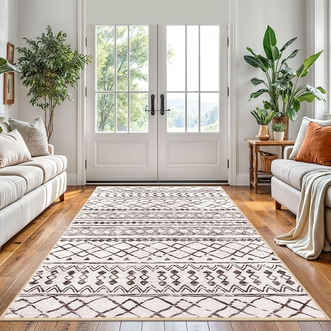 KUTA 5x7 Area Rugs Boho Brown Cream Washable Rug Non-Slip, Ultra Soft Geometric Print Distressed Traditional Moroccan Farmhouse Carpet for Living Room Dining Room Bedroom Dorm Office Home Decor