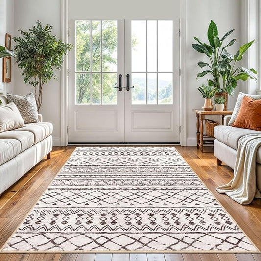 KUTA 5x7 Area Rugs Boho Brown Cream Washable Rug Non-Slip, Ultra Soft Geometric Print Distressed Traditional Moroccan Farmhouse Carpet for Living Room Dining Room Bedroom Dorm Office Home Decor